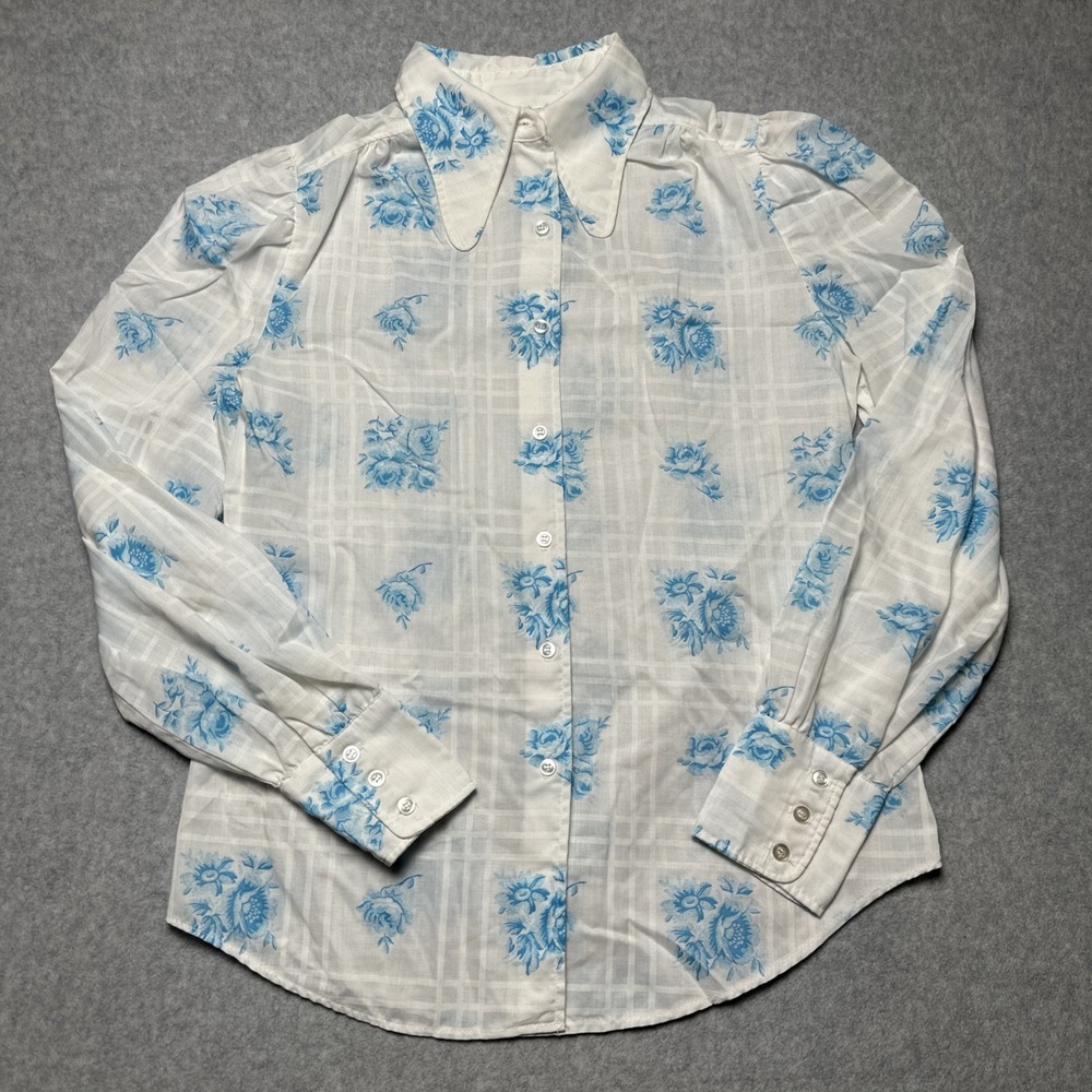 Vintage 70's Bobbie Brooks Floral Print White/Blue Long Sleeve Top Size 13 (M)